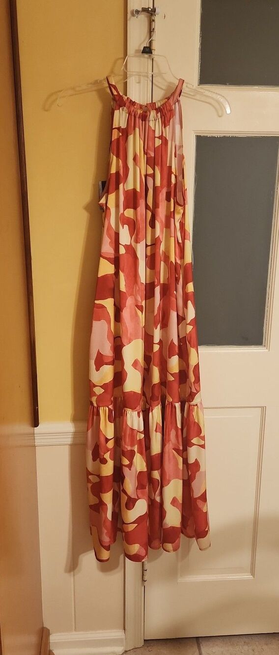 Ming Wang Abstract Print Crepe de Chine Halter Neck Tiered Maxi Dress Size L NWT